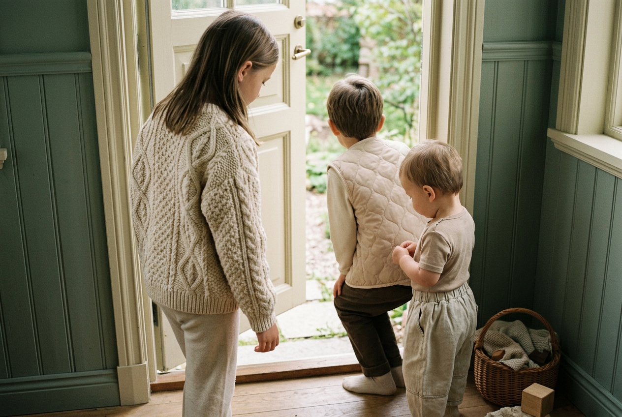 Three children by an open door in cream knitwear, a quilted gilet and soft trousers from the Agape shop