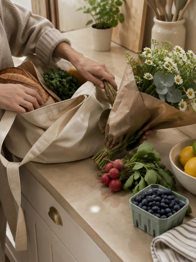 Hands unpacking fresh groceries and flowers onto a kitchen counter