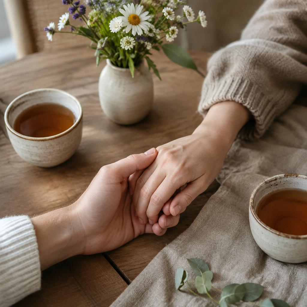 Two hands held gently over a table with tea and wildflowers